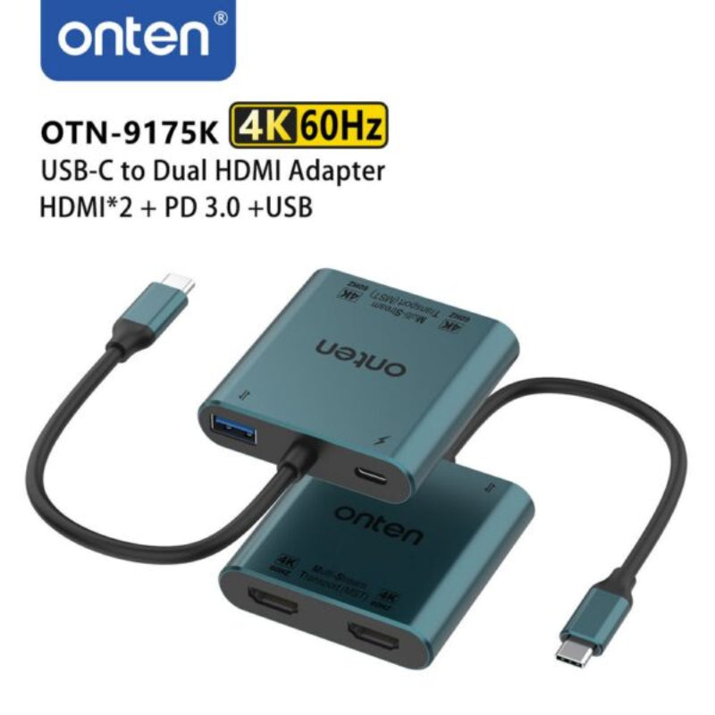Onten OTN-9175K Multi-Stream Transport (MST) 4-in-1 USB-C to Dual HDMI Converter with (1xUSB-A + 1xUSB-C) - Green