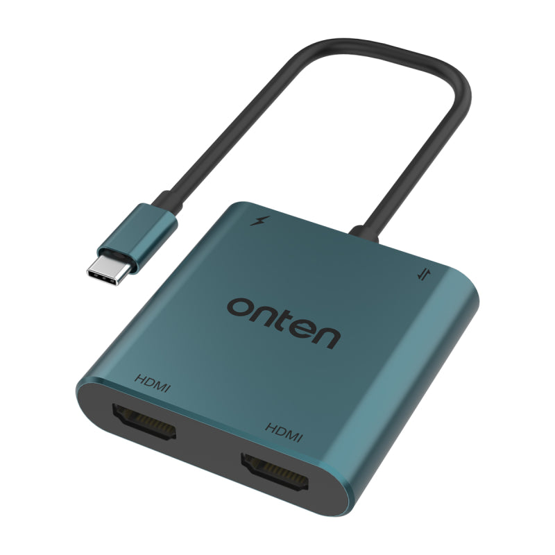 Onten OTN-9175K Multi-Stream Transport (MST) 4-in-1 USB-C to Dual HDMI Converter with (1xUSB-A + 1xUSB-C) - Green