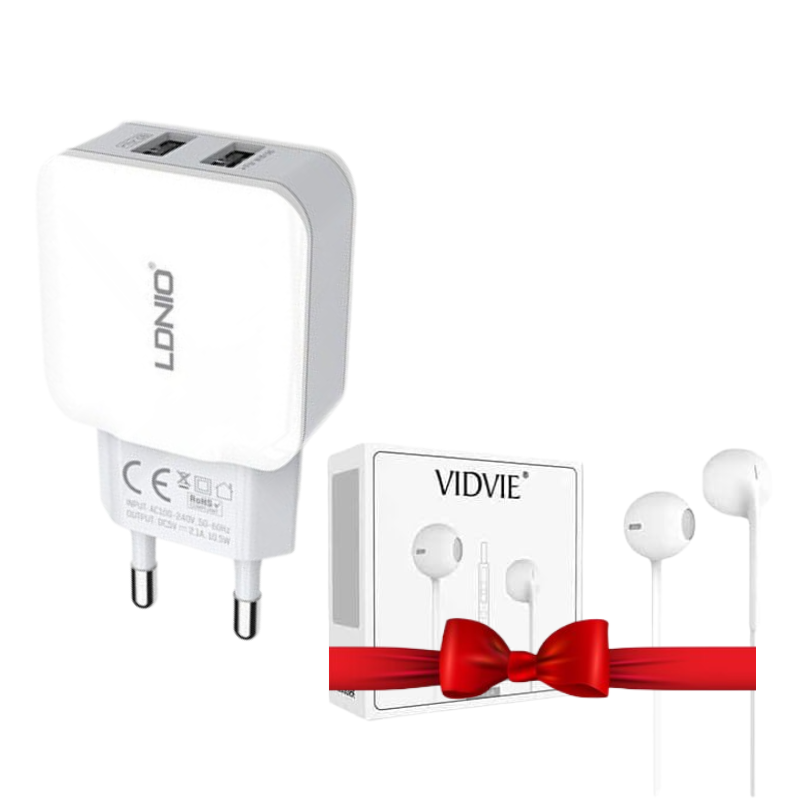 Ldnio A2202 Wall Charger 2x USB - White & VIDVIE Wired In-Ear Earphone, HS604 - White