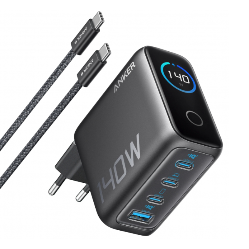 Anker Zolo Wall Charger 140W, 5A, (1 x USB-A – 3 x USB-C) With USB-C Cable - Black