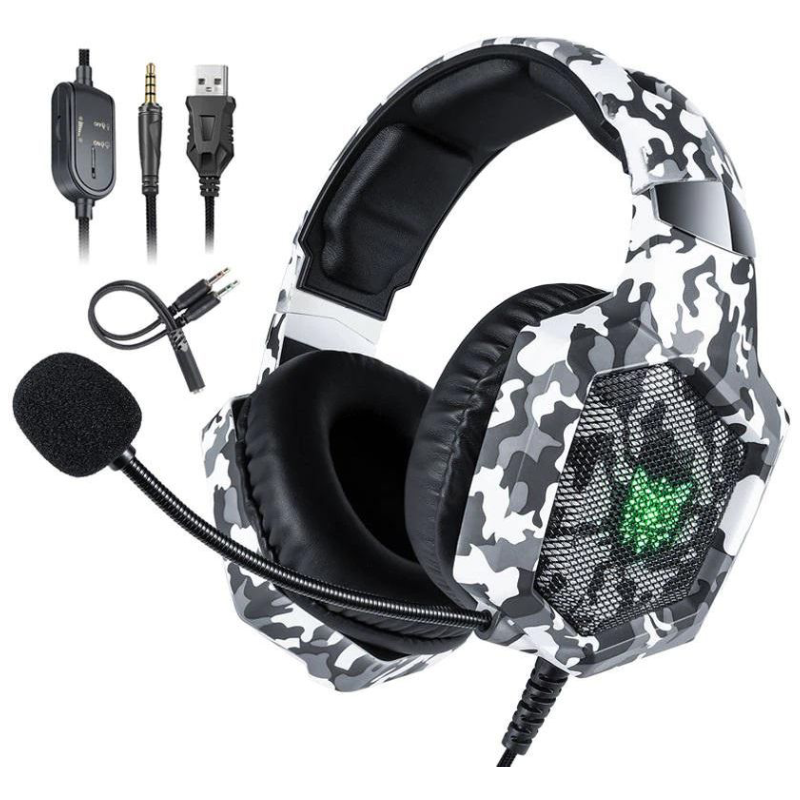 Onikuma K8 Wired Stereo Gaming Headphones With Mic LED Lights - White&Grey