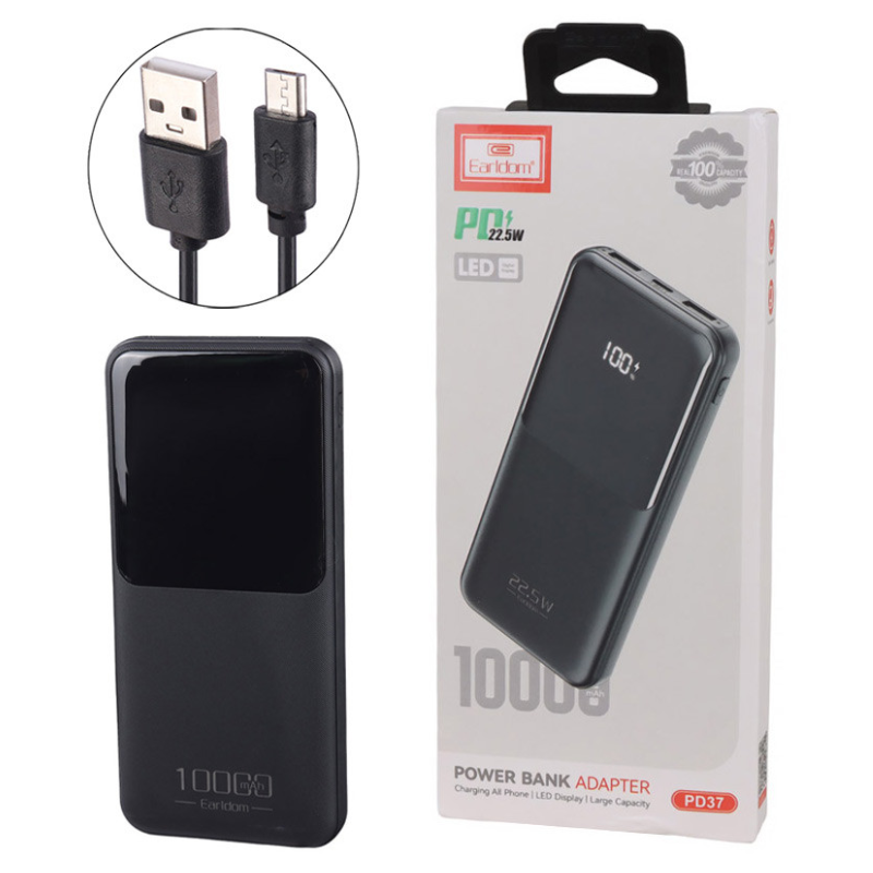 Earldom Power Bank PD , Fast Charger , 10000 MAH , 22.5 W, ET-PD37 - Black