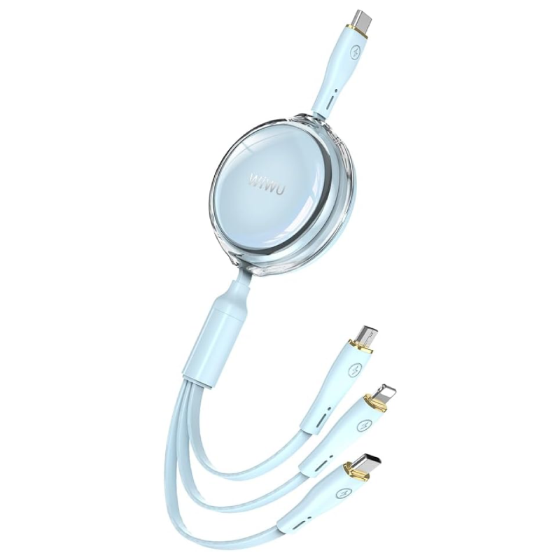 WIWU Wi-C023 Vigor Series 3in1 Type-C Lightning Micro USB Reel Data and Charging Cable 100W 1.5M - Blue