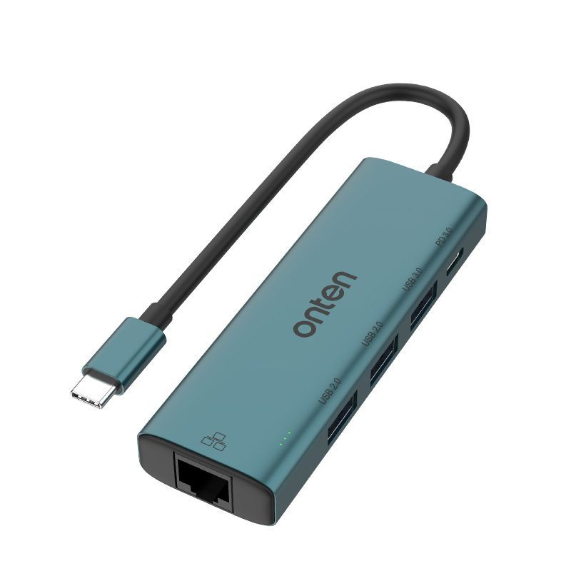 Onten 5 in 1 USB-C / Type-C to USB 3.0 HUB with 5V Input & 100Mbps Network Card, UC121 - Green