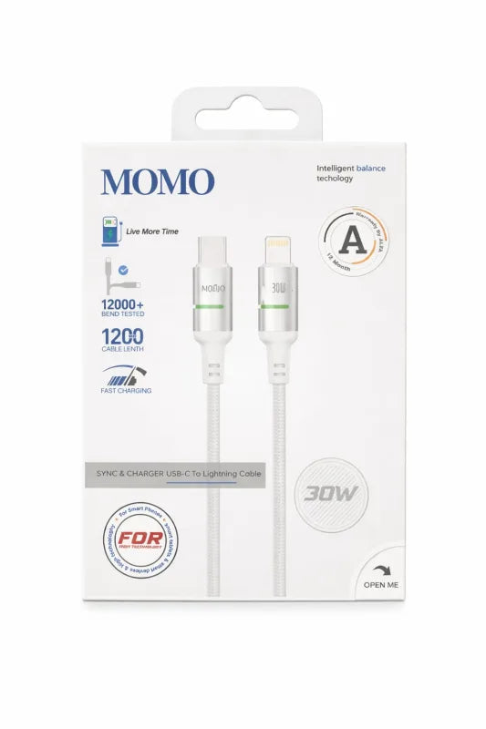 كابل MOMO USB Type-C إلى Lightning   للشحن السريع 30 واط بطول 1.2 متر – أبيض