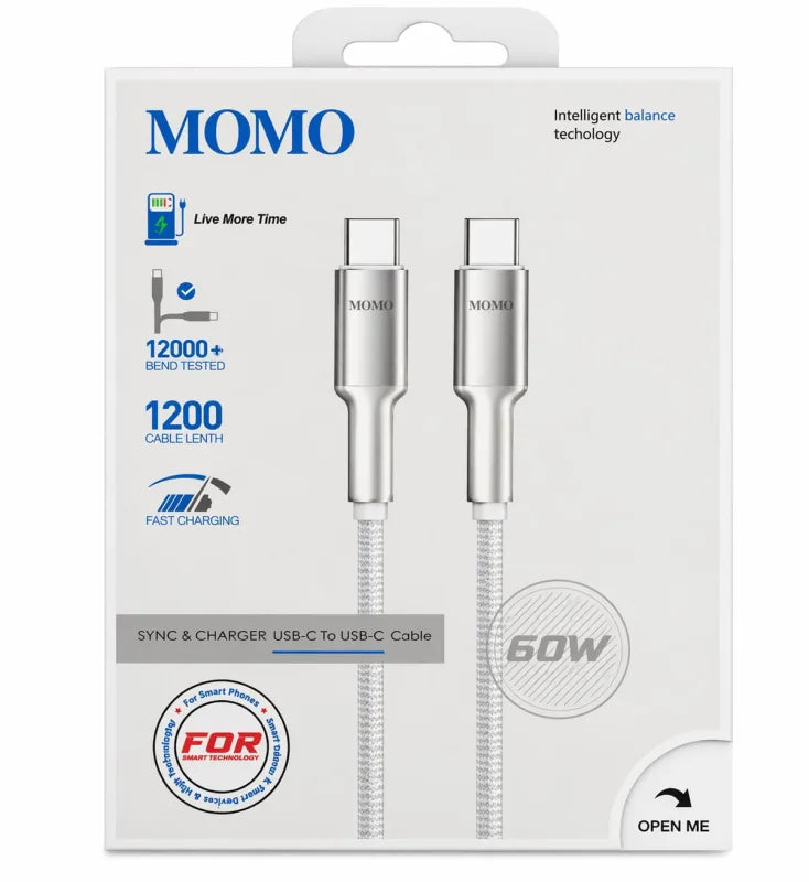 كابل MOMO USB Type-C إلى Type-C للشحن السريع 60 واط بطول 1.2 متر – أبيض