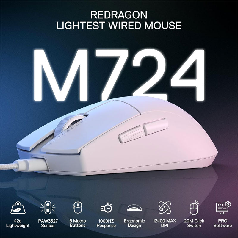 Redragon , Mouse Wired Gaming , M724 , ULTRA LIGHT 49G - WHITE
