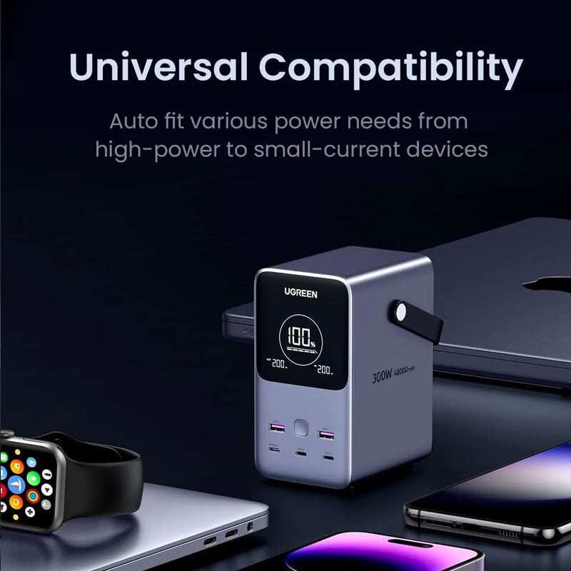 يوجرين باور ستيشن سلكي  ديجيتال، 48000 مللي امبير، 5 منافذ، منفذين USB-A + عدد 3 منافذ USB-C، بقوة 300 وات، رمادي - PB770


