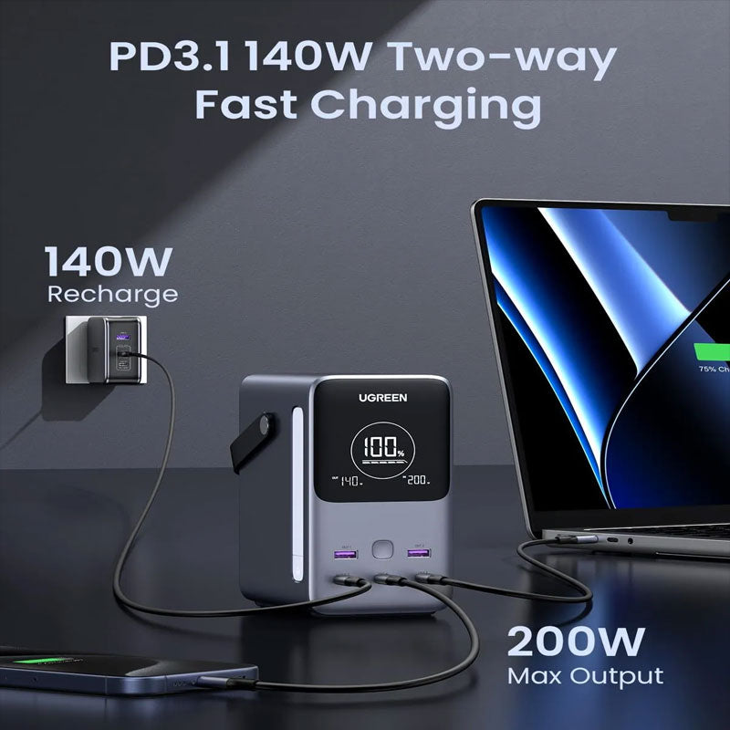 يوجرين باور ستيشن سلكي  ديجيتال، 48000 مللي امبير، 5 منافذ، منفذين USB-A + عدد 3 منافذ USB-C، بقوة 300 وات، رمادي - PB770


