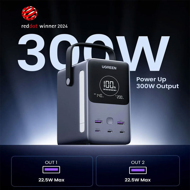 يوجرين باور ستيشن سلكي  ديجيتال، 48000 مللي امبير، 5 منافذ، منفذين USB-A + عدد 3 منافذ USB-C، بقوة 300 وات، رمادي - PB770


