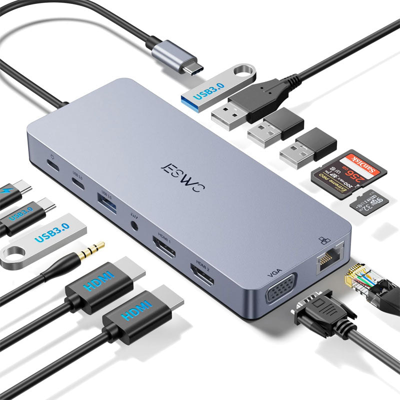 هب UGREEN 11 في 1 USB-C إلى 3 منافذ USB-C/2 منفذ USB-A/HDMI/VGA/RJ45/SD/TF/3.5 ملم - رمادي