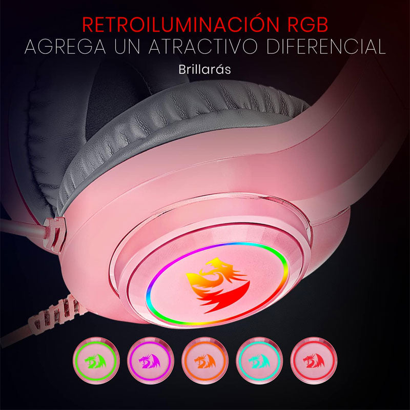Redragon , H260 , Hylas Wired Gaming Headset , 50mm Drivers , Stereo Surround, Noise Cancelling Mic & Dynamic RGB - Pink
