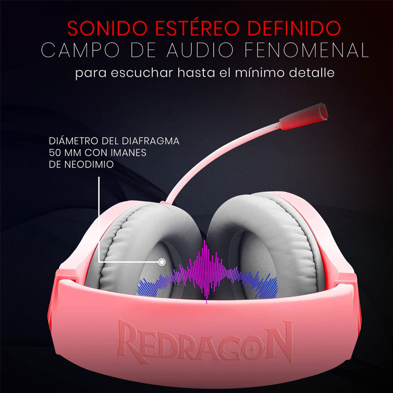 Redragon , H260 , Hylas Wired Gaming Headset , 50mm Drivers , Stereo Surround, Noise Cancelling Mic & Dynamic RGB - Pink
