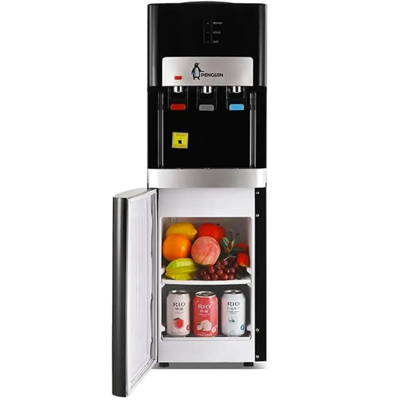 Penguin Water Dispenser, 20 Liters, 3 Taps Cold/Hot/Cold , with Refrigerator , HR001 - Black

