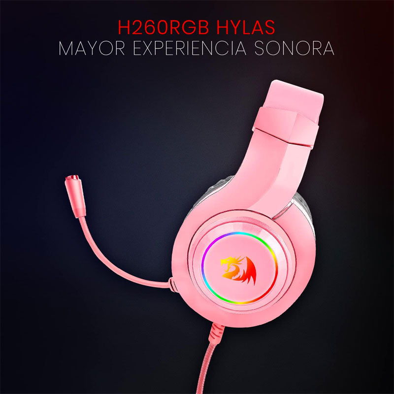 Redragon , H260 , Hylas Wired Gaming Headset , 50mm Drivers , Stereo Surround, Noise Cancelling Mic & Dynamic RGB - Pink
