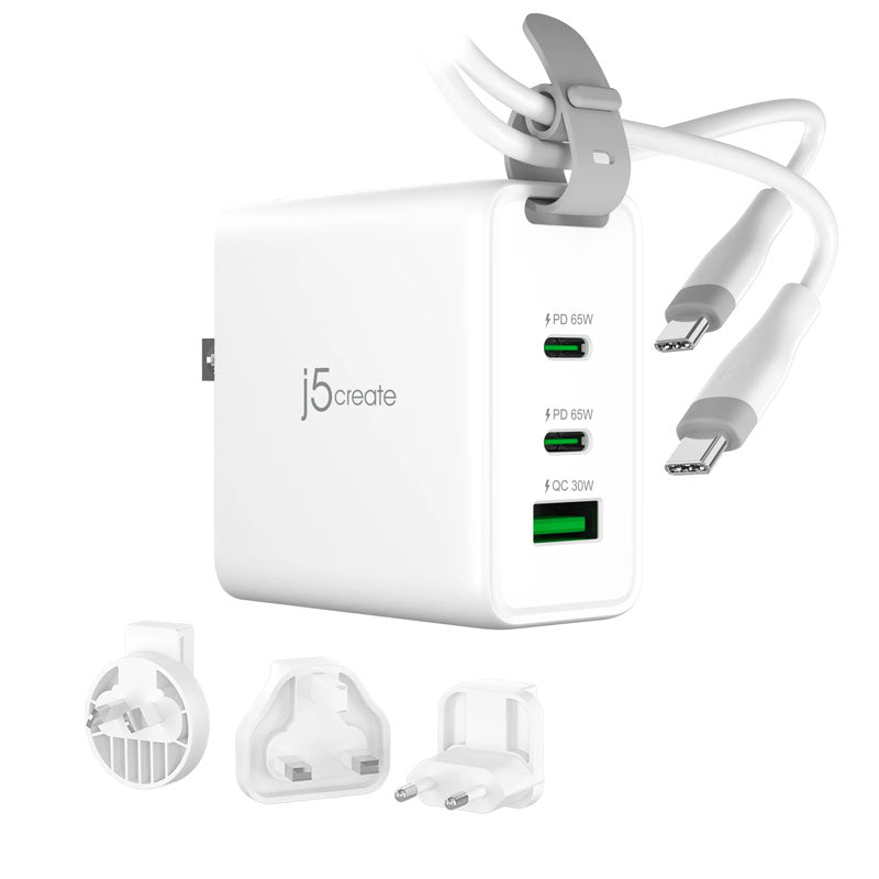 j5create-شاحن سفر بقوة 65 واط وتقنية GaN مزود بـ 3 منافذ USB-C®، مع رؤوس قابس تيار متردد قابلة للتبديل وكابل USB-C®-JUP3565CV
