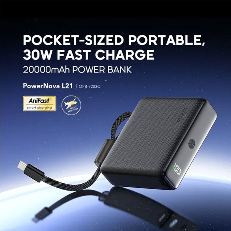 Oraimo , PowerNova L21 , Power Bank , 20000mAh , 30W , With Cable , 2Ports, OPB-7203C-BK - Black
